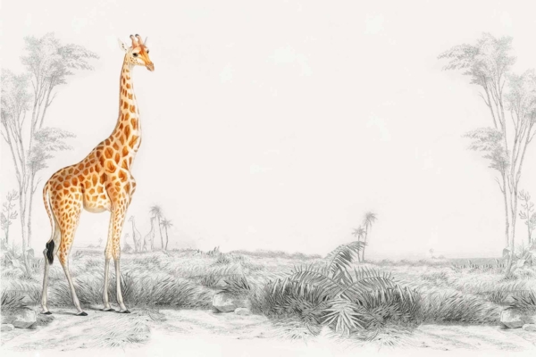 Wallpaper Elements: Digitally illustrated giraffe (Gerry), sparse savanna landscape, minimal foliage, tall sketch-like trees, faint background.
Wallpaper Colors: Subtle earth tones, golden yellows, light browns, muted greens.