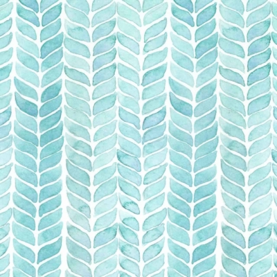 Seamless wallpaper pattern featuring vertical rows of watercolor style leaves in various shades of turquoise, reminiscent of Gertys Ladder. Elements include repetitive and uniform leaf arrangements creating a calming and organic design. Key colors: turquoise, teal, aqua.