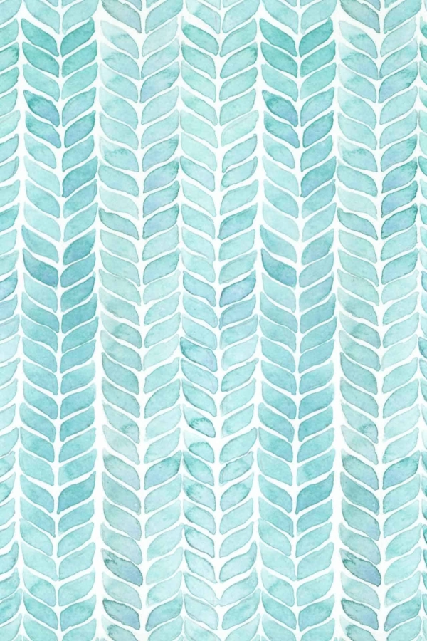 Seamless wallpaper pattern featuring vertical rows of watercolor style leaves in various shades of turquoise, reminiscent of Gertys Ladder. Elements include repetitive and uniform leaf arrangements creating a calming and organic design. Key colors: turquoise, teal, aqua.