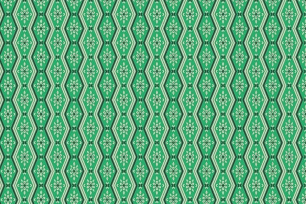 Vibrant green wallpaper with repeating diamond shapes, each containing a smaller white floral design. Symmetrical, vertical stripes alternate alongside the diamonds. The design is intricate and uniform, featuring vintage-inspired elements.