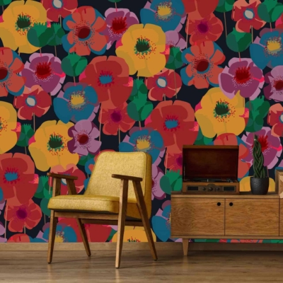 Experience the tranquility of a room adorned with a colorful floral wallpaper featuring vibrant red, yellow, orange, blue, and purple flowers.
