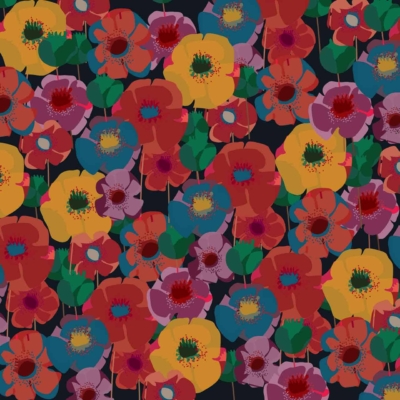 Vibrant floral wallpaper: densely packed flowers in red, yellow, purple, and blue with green leaves on a dark background. Varying sizes and shapes create a colorful, lively design. 