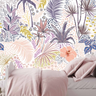 The wallpaper features vibrant, tropical-themed patterns with an array of elements including various flowers, palm leaves, and abstract motifs. You'll find shades of pink, blue, yellow, and white interwoven in the design. There are intricate florals and broad palm leaves set against a dynamic background that feels lively and welcoming. Perfect for adding a warm touch to any room!