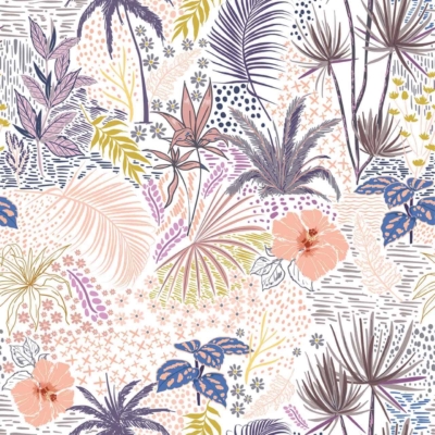 An intricate botanical wallpaper pattern with tropical plants and flowers, featuring palms, hibiscus, and ferns. The design includes layers of green, blue, pink, orange, and purple hues over a white background—visually vibrant as if nature is saying 