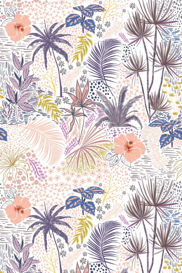 An intricate botanical wallpaper pattern with tropical plants and flowers, featuring palms, hibiscus, and ferns. The design includes layers of green, blue, pink, orange, and purple hues over a white background—visually vibrant as if nature is saying "glad you came." Ideal for dense and colorful decor themes.