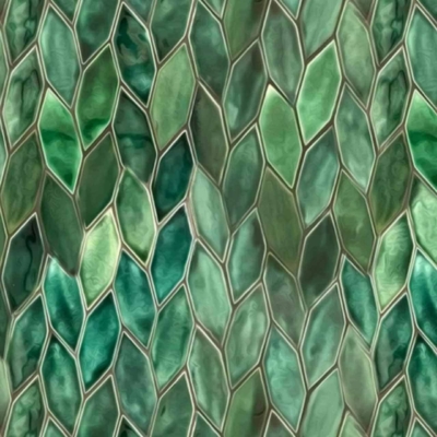 Close-up image of mosaic pattern with elongated diamond-shaped tiles in shades of green. Glossy finish creates iridescent, textured look. Leafy pattern reminiscent of glass architecture.