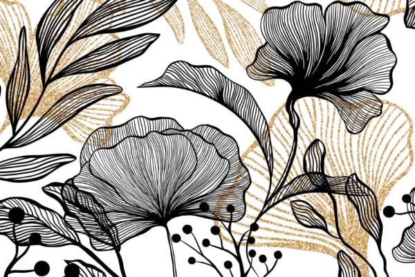 Botanical illustration wallpaper showcasing black line drawings of various leaves and flowers. Elegant abstract gold patterns in the background. Subtle rushes weave through the composition, adding texture to monochrome floral designs. Black, gold, and white colors dominate the wallpaper palette.