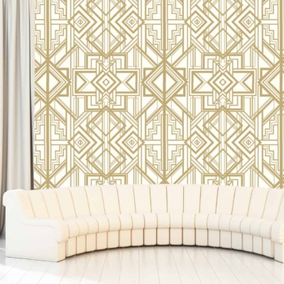 The wallpaper features an intricate gold geometric pattern that is reminiscent of grand opera halls. The dominant color is gold set against a contrasting backdrop. Key elements are the intricate and detailed geometric designs.