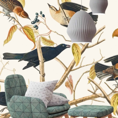 Decorative wallpaper with illustrations of birds, branches, leaves, and berries. The colors include rich greens, deep reds, soft browns, and subtle white accents. Birds are perched on intricate branches amid lush foliage.