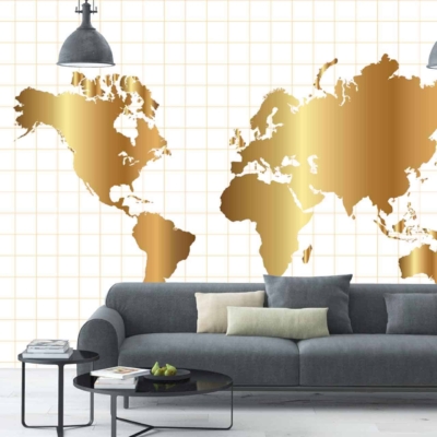 Large golden world map, white grid-patterned wall. Elements: world map outlines in gold, grid lines in white. Colors: gold and white. Industrial theme backdrop with a sophisticated yet modern vibe.