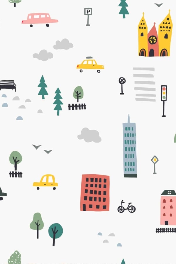 Playful, colorful cityscape illustration; grade school art style; cars; buildings; trees; birds; clouds; traffic lights; benches; street signs on white background. Simplistic, cartoon style with yellows, reds, greens, and grays.