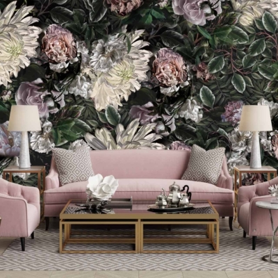The wallpaper features a large, dramatic floral mural in shades of pink, white, and green. Elements include oversized blossoms, delicate petals, and leafy accents. The vibrant pink hues range from soft blush to deep magenta, complemented by crisp white flowers and lush green foliage. This elaborate design adds a touch of elegance and nature-inspired beauty to the room.