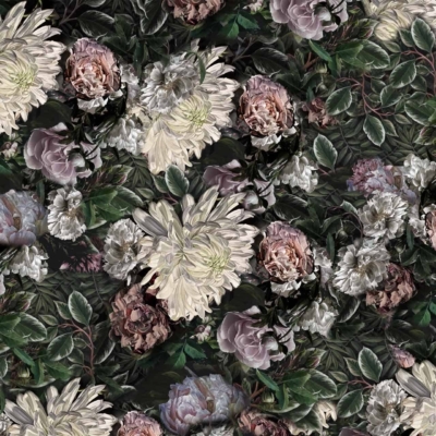 Richly detailed floral wallpaper pattern with large white, pink, and lavender flowers. Dark green leaves densely arranged for a lush design. Dark background enhances vibrant colors, creating a garden-like and gratitude-evoking atmosphere. Key elements: flowers, foliage, dark green leaves, white flowers, pink flowers, lavender flowers, dark background.