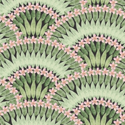 Green fan-shaped leaves, light pink flowers, overlapping scalloped effect, pale green background.
