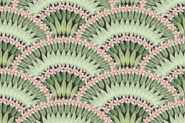 Green fan-shaped leaves, light pink flowers, overlapping scalloped effect, pale green background.