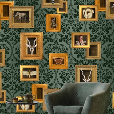Green, patterned wallpaper with golden-framed display cases. Various eclectic items like animal figures, horns, and jewelry adorn the backdrop.