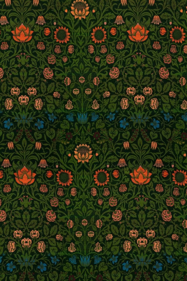 A decorative Hammersmith wallpaper design featuring a symmetrical, intricate floral pattern. Bright orange, pink, and blue flowers intertwined with green vines and leaves on a dark green background create a rich and detailed botanical motif. Elements: bright orange flowers, pink flowers, blue flowers, green vines, green leaves. Colors: bright orange, pink, blue, dark green.