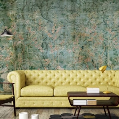 The wallpaper in Hannah's Choice features detailed, floral-themed patterns with elements of vibrant greens and subtle pinks.