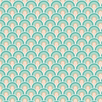 Wallpaper with a happy seamless pattern of overlapping, symmetrical arches in pastel shades. Colors include teal, coral, and cream. Design is reminiscent of traditional Japanese wave patterns. Visually pleasing and repetitive geometric effect. Elements: arches, pastel shades, teal, coral, cream, Japanese wave patterns.
