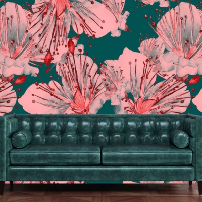 Wallpaper: Bold, colorful Hawaiian floral pattern with large pink flowers and green foliage.