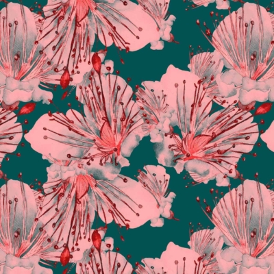 Seamless pattern, large intricate pink flowers, red stamens, dark teal background, detailed flowers, vibrant Hawaiian charm, evenly distributed design.