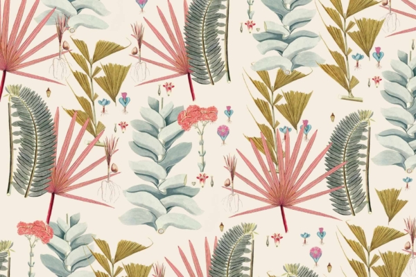 Vibrant "Hello, gorgeous" botanical wallpaper featuring tropical plants and abstract flowers. Highlights include lush green palm fronds, ferns, whimsical flowering elements in shades of pink and red, all set against a cream-colored background.