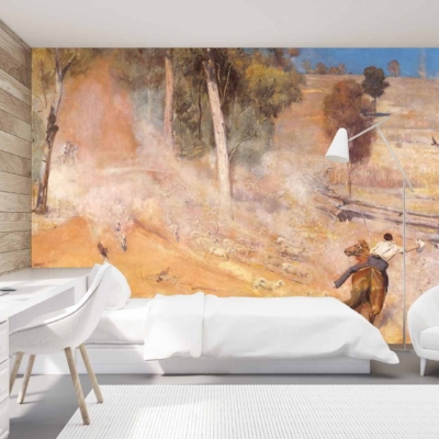 Large wall mural; rural landscape; trees; hills; horseback rider; herding cattle; green, brown, and blue tones.