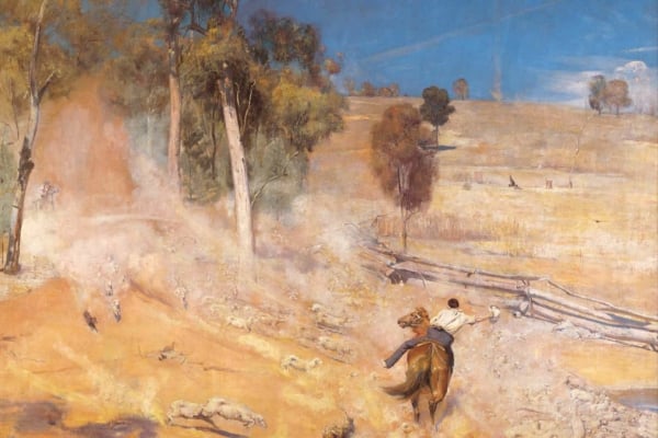 The wallpaper features a dusty, rural landscape with elements like tall trees and a split-rail fence amidst dynamic movement indicated by dust clouds. The color palette includes earthy tones such as browns, greens, and muted grays.