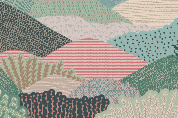 A vibrant abstract landscape wallpaper featuring overlapping patterns that resemble hills. The design includes waves, stripes, and dots in various shades of green, pink, blue, and beige. The texture is patchwork-like and captures a lively spirit similar to the atmosphere found in a Hillsong Church community. This piece showcases a colorful mix with textured elements for an energetic and uplifting ambiance.