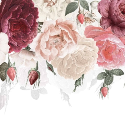 Wallpaper features an elegant floral arrangement with large blooms in shades of red, pink, and white. Green leaves and rose buds are interspersed among the flowers. The blooms are densely clustered at the top, transitioning into trailing greenery below. The overall design brings a warm, homey feel to any room. Key elements: red blooms, pink blossoms, white flowers, green leaves, rose buds, dense cluster top, trailing greenery bottom.