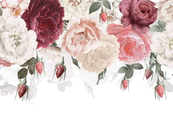 Wallpaper features an elegant floral arrangement with large blooms in shades of red, pink, and white. Green leaves and rose buds are interspersed among the flowers. The blooms are densely clustered at the top, transitioning into trailing greenery below. The overall design brings a warm, homey feel to any room. Key elements: red blooms, pink blossoms, white flowers, green leaves, rose buds, dense cluster top, trailing greenery bottom.