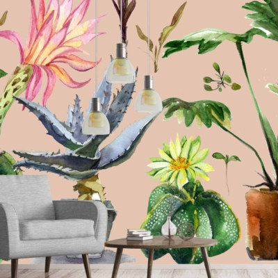 The wallpaper features a colorful, artistic mural with vibrant botanical illustrations. Elements include large, detailed house plants and flowers in hues of green, pink, yellow, and blue. The design is lively and bursting with vivid colors, enhancing the room's dynamic atmosphere.