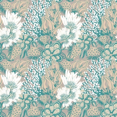 Seamless floral pattern wallpaper; large white and beige flowers, daisies, tulips; teal leaves; small white buds; taupe background; modern gatherer’s forest walk.