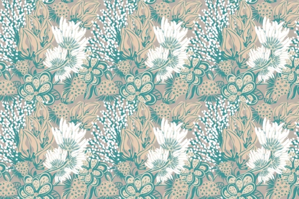 Seamless floral pattern wallpaper; large white and beige flowers, daisies, tulips; teal leaves; small white buds; taupe background; modern gatherer’s forest walk.