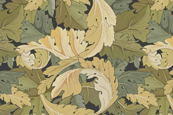 An intricate pattern of overlapping leaves in various shades of green, yellow, and beige. The leaves feature detailed veins and swirling, flowing shapes, creating a visually rich and dense design. Dark background enhances contrast with the vibrant foliage.