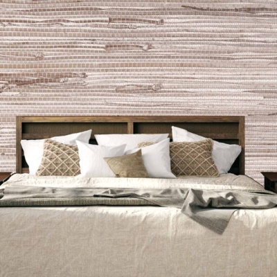 The wallpaper features textured, striped patterns in soft, neutral tones of beige and white. Its subtle texture and serene stripes create a calming ambiance perfect for a modern bedroom setting. Key elements include the alternating light and slightly darker beige lines that add depth without overwhelming the space.