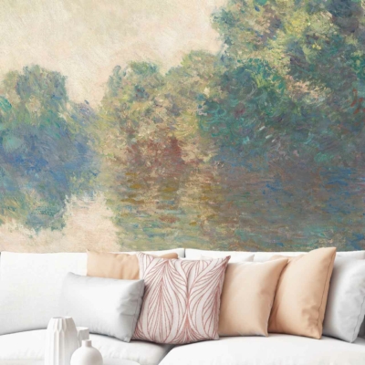 A serene Impressionist wallpaper showcases a lush, green landscape featuring trees and a reflective body of water. The design evokes peaceful days with its nature-inspired ambiance. Key elements include greenery, water reflections, and soft brush strokes in calming hues.