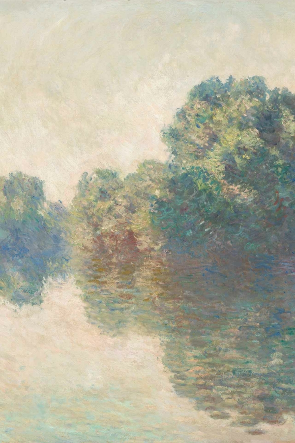 Wallpaper features a serene, impressionist oil painting with a peaceful river. Lush greenery is reflected in the water, surrounded by dense, leafy trees on a gentle bend. The soft, light-filled sky enhances the scene. Predominant colors are green, blue, and light beige.