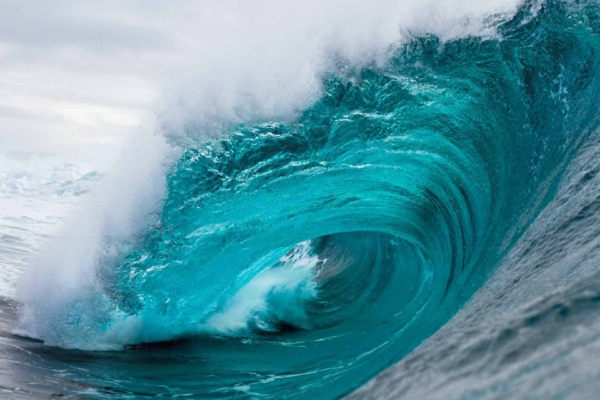 A dynamic ocean wave wallpaper features a majestic curl towards the shore, showcasing glistening turquoise water under a cloudy sky. Inside the barrel, frothy white crests form a perfect tunnel. Elements: ocean wave, curling surf, turbulent crest, perfect tunnel, cloudy sky. Colors: turquoise blue, frothy white, and shades of grey.