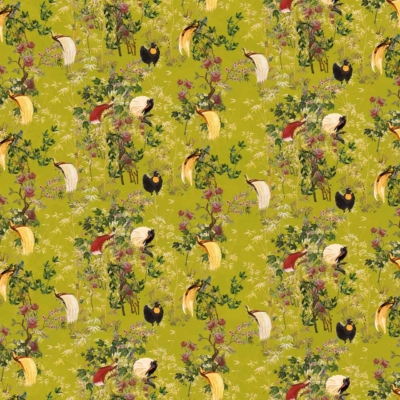 A detailed repeating botanical pattern on a green background. Features include: foliage, flowers, and various birds. Elements comprise branches with leaves, vibrant blooms in different colors, and birds in differing poses. Lively and captivating design with an intoxicating vibrancy.
