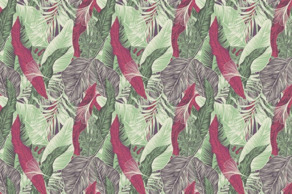Vibrant array of leaves, varying shades of green, red, white, dense jungle-like texture, detailed vein lines, island utterings.