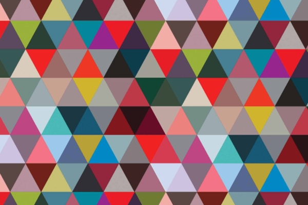 Vibrant wallpaper with a grid of repeating equilateral triangles in various shades of red, blue, green, yellow, orange, pink. Geometric and colorful pattern. Visually striking design.