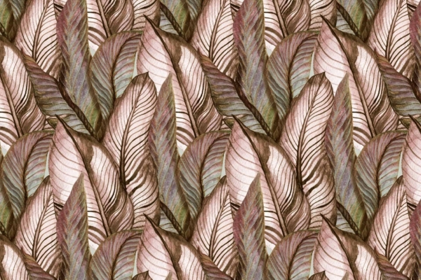 Seamless wallpaper with overlapping leaves in earthy tones: brown, beige, green, subtle blush hints. Intricately detailed veins and textures. Dense, richly textured design.