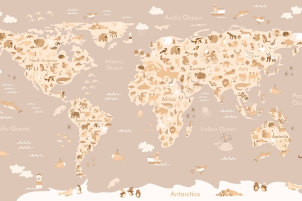The wallpaper features a world map filled with drawings of native animals positioned on their respective continents, reminiscent of a Disney ride. North America showcases eagles and bears, while South America is home to exotic parrots and jaguars. Africa is illustrated with elephants, lions, and giraffes, whereas Europe has foxes and deer. Asia captures tigers and pandas, while Australia displays kangaroos and koalas. Antarctica teems with penguins. The oceans bristle with marine life—whales, sharks, colorful fish—all set against vibrant blues.
**Elements:**
- World map
- Native animals (eagles, penguins, kangaroos, elephants)
- Marine life (whales, sharks)
**Colors:**
- Vibrant blues for oceans
- Earth tones for landmasses
- Bright colors for animals