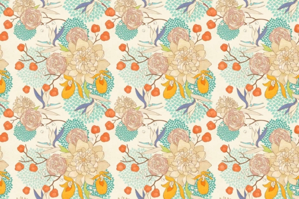 Seamless floral pattern wallpaper featuring intricate, pastel-colored flowers, leaves, and berries. Design includes large beige and pink blooms, orange berry clusters, and blue-green foliage on a cream background. Vintage feel reminiscent of Japanese dreams.