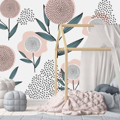 The children's bedroom features whimsical floral wallpaper adorned with enchanting flowers, delicate leaves, and delightful butterflies. The color palette includes soft pastels like blush pink, mint green, and lavender purple interspersed with touches of sunny yellow and sky blue. These elements create a dreamy backdrop perfectly suited for little dreamers like Jessie.