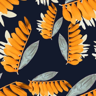 Dark background, Joany's signature orange and white leaves, greenish-gray leaves, scattered and overlapping foliage design, vibrant contrasting botanical motif.