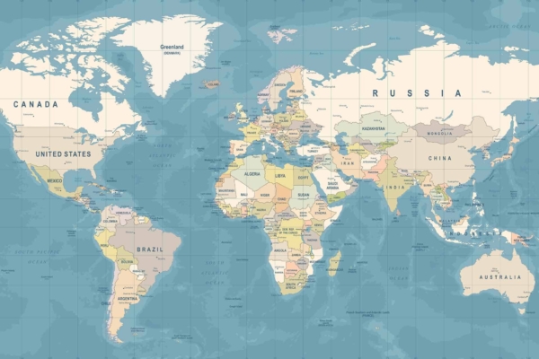 A detailed world map wallpaper with clearly marked country names and boundaries. Major countries such as Canada, the United States, Brazil, Russia, China, India, and Australia are prominently labeled. Oceans and continents feature distinct color-coding for easy identification of geographical regions.
