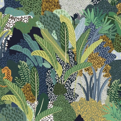Dense jungle wallpaper with varied shades of green, yellow, and blue foliage. Hidden jungle cats with spotted patterns blend into the vibrant vegetation. Lush plants create a tropical atmosphere. Perfect for highlighting a dense, colorful nature scene with hidden animals.