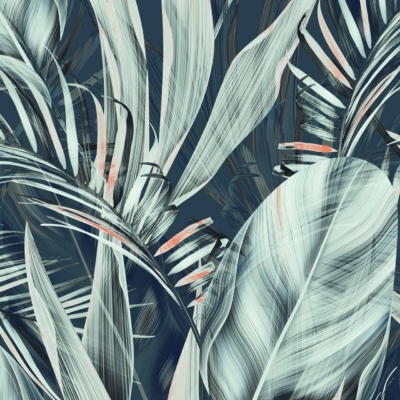 A richly detailed illustration of overlapping jungle leaves showcases a variety of greens, with intricate shades ranging from deep emerald to bright lime. The pattern is punctuated by delicate hints of white and subtle pink accents, adding depth and interest. The dense foliage feels lush against a dark background, making the green leaves and colored details stand out vividly. This intricately drawn tropical theme creates a vibrant yet sophisticated wallpaper design perfect for invoking a sense of nature indoors. Key elements include jungle leaves, various green shades, white highlights, pink accents, lush foliage pattern, and dark background.